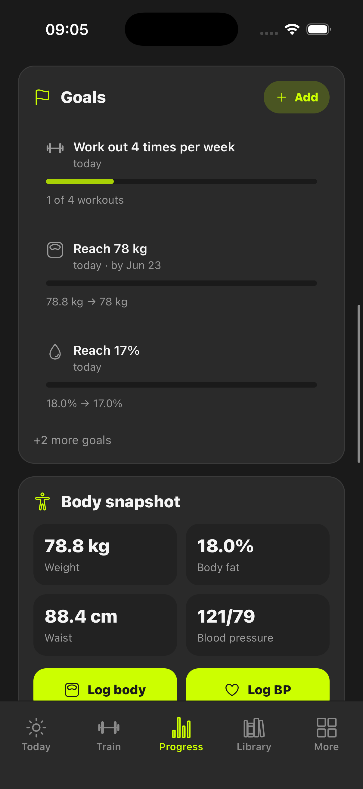 Goal tracking profile screen with metric-based goal cards, progress bars, and all-time training context