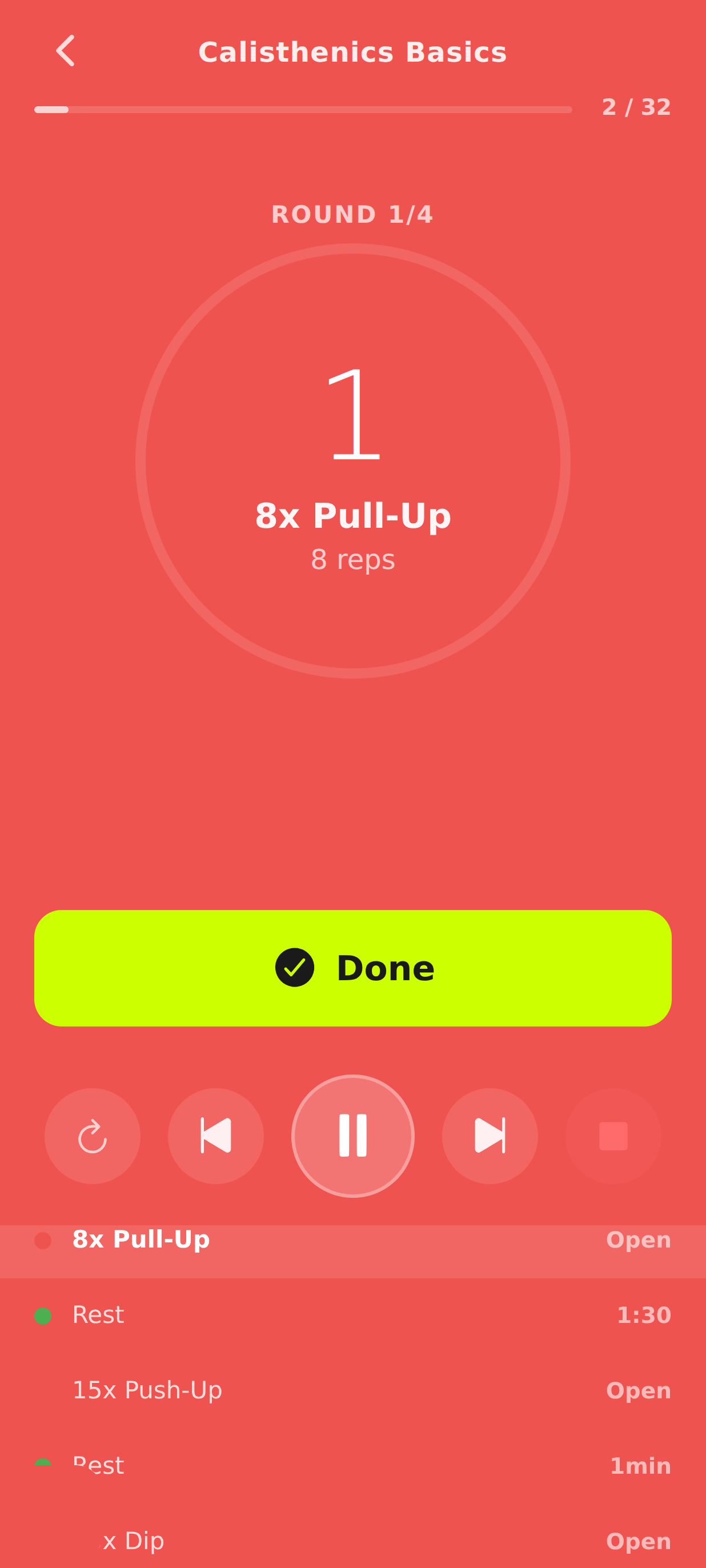 untraind Workout-Ausführung mit aktivem Pull-up-Set und Done-Aktion