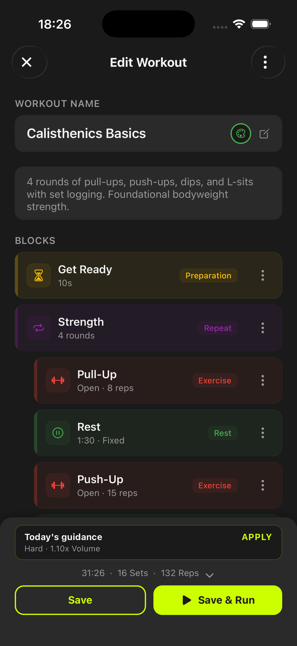 Workout-Editor mit Block-Struktur und Save-Aktionen