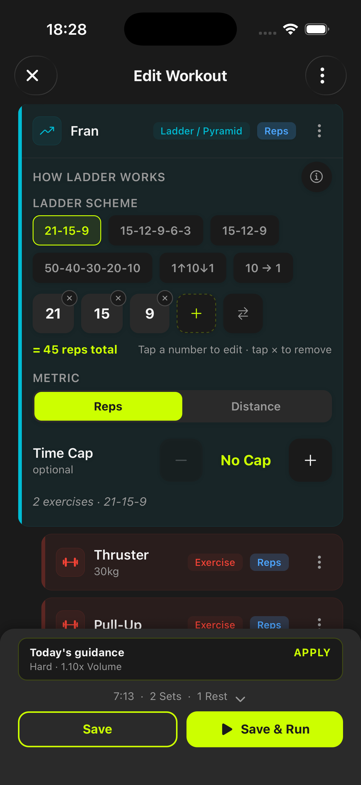 Workout-Builder mit Ladder-Schema-Editor für ein Thruster-Workout