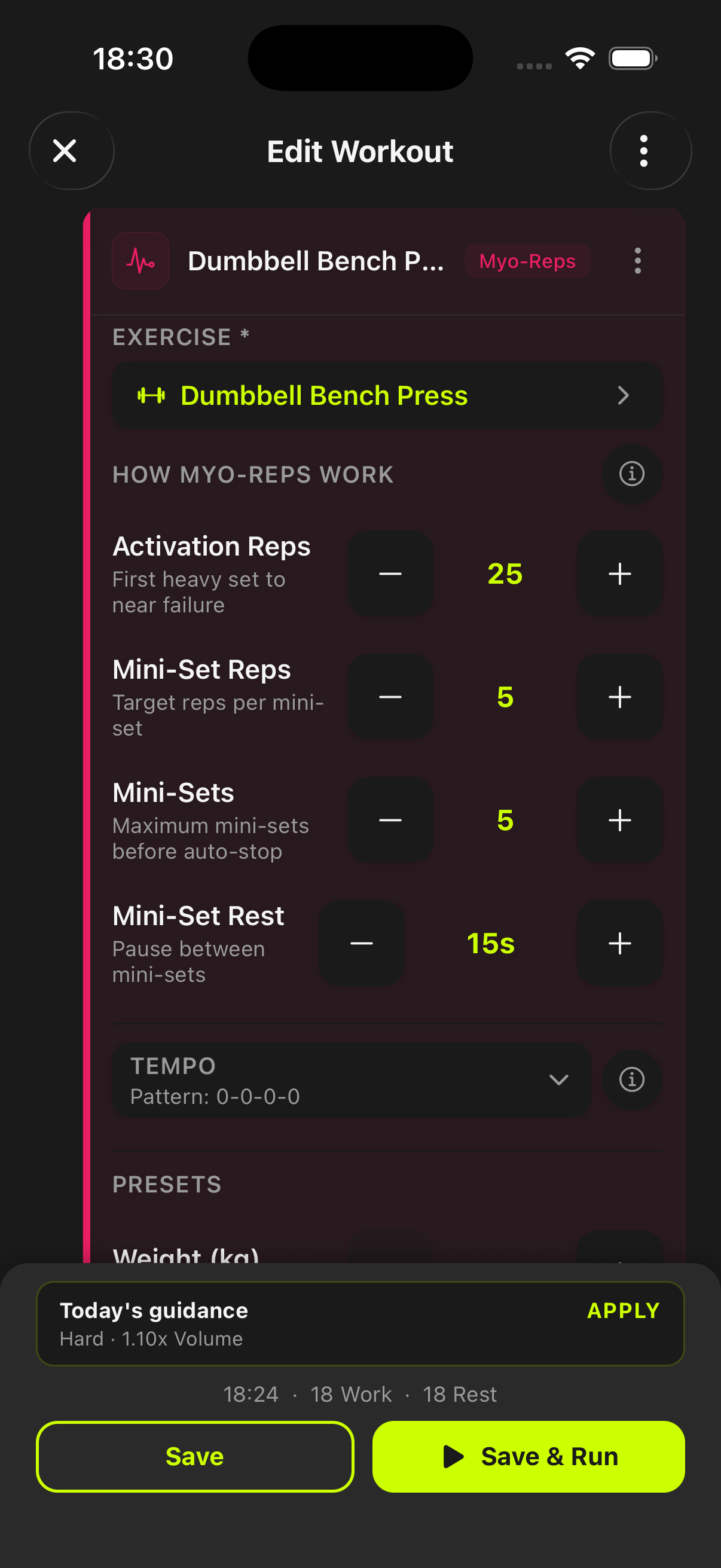 Workout-Builder mit Myo-Reps-Block-Konfiguration