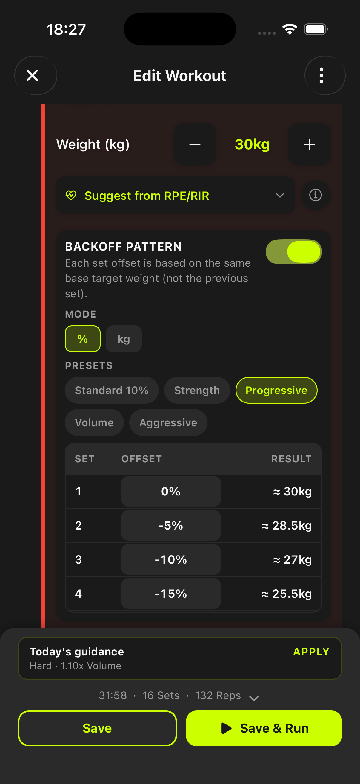 Strength Builder mit Backoff-Set-Modus und Offset-Controls