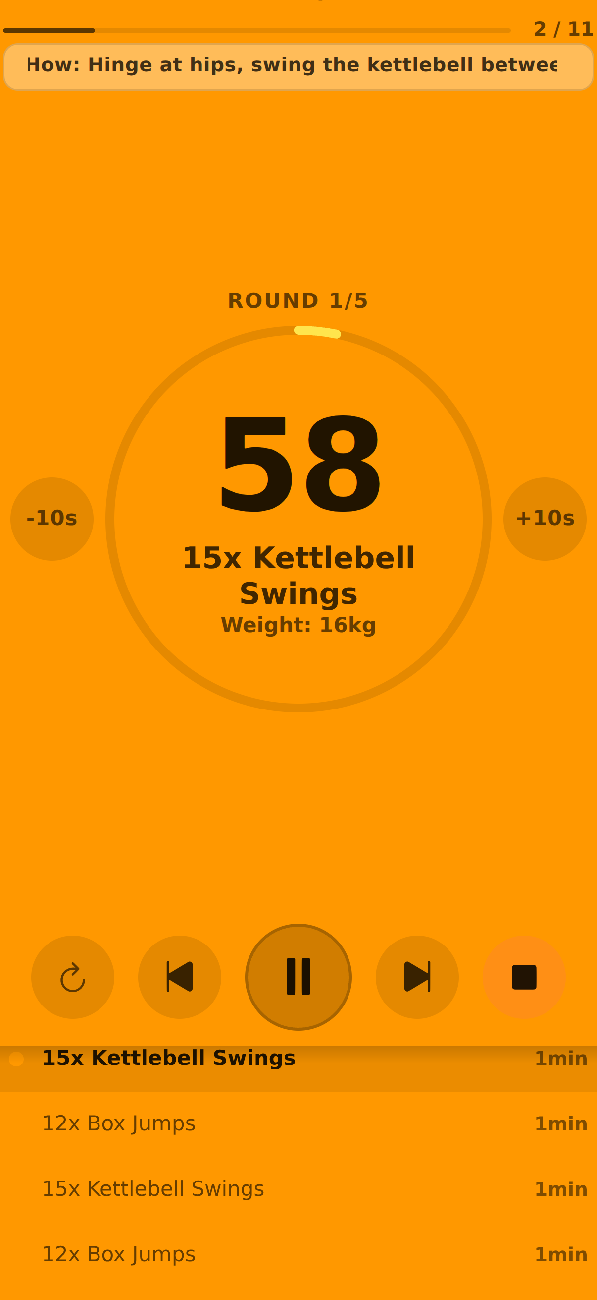 EMOM Workout Run Screen mit getimtem Schritt, Rundenfortschritt und Hinweis zum nächsten Schritt