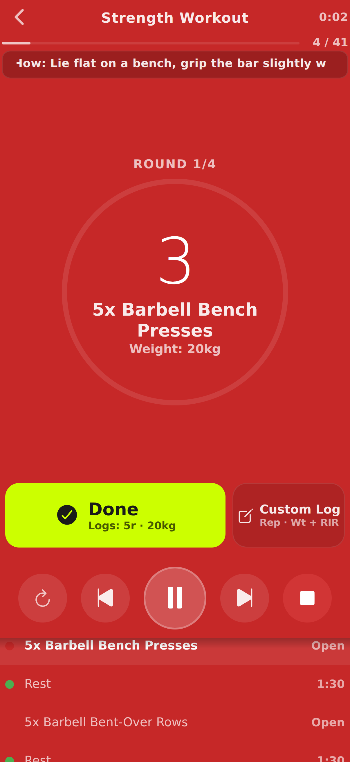 Backoff-orientiertes gewichtetes Bankdrücken mit Lastzielen pro Set und schnellen Done- oder Custom-Logs