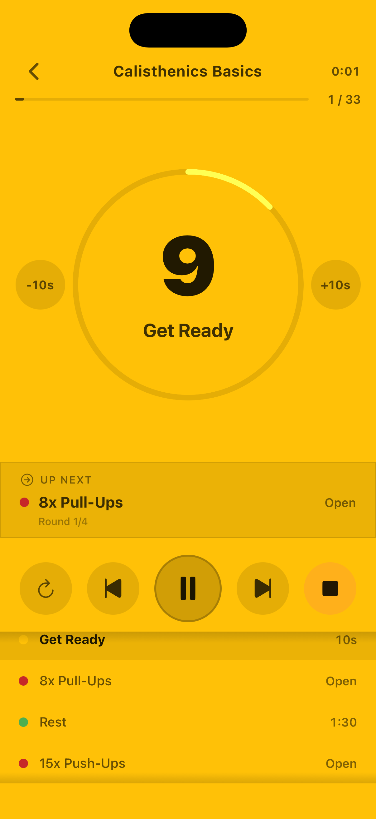 Workout-Ausführung mit Countdown-Timer und Hinweis zum nächsten Schritt