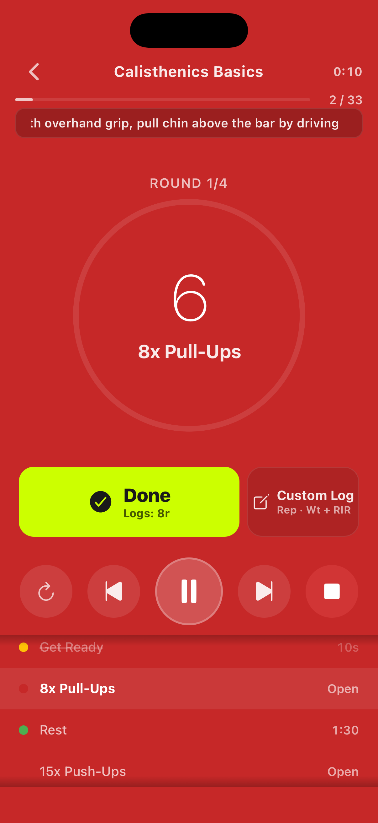 Workout-Run-Screen mit abgeschlossenem Pull-up-Set-Logging