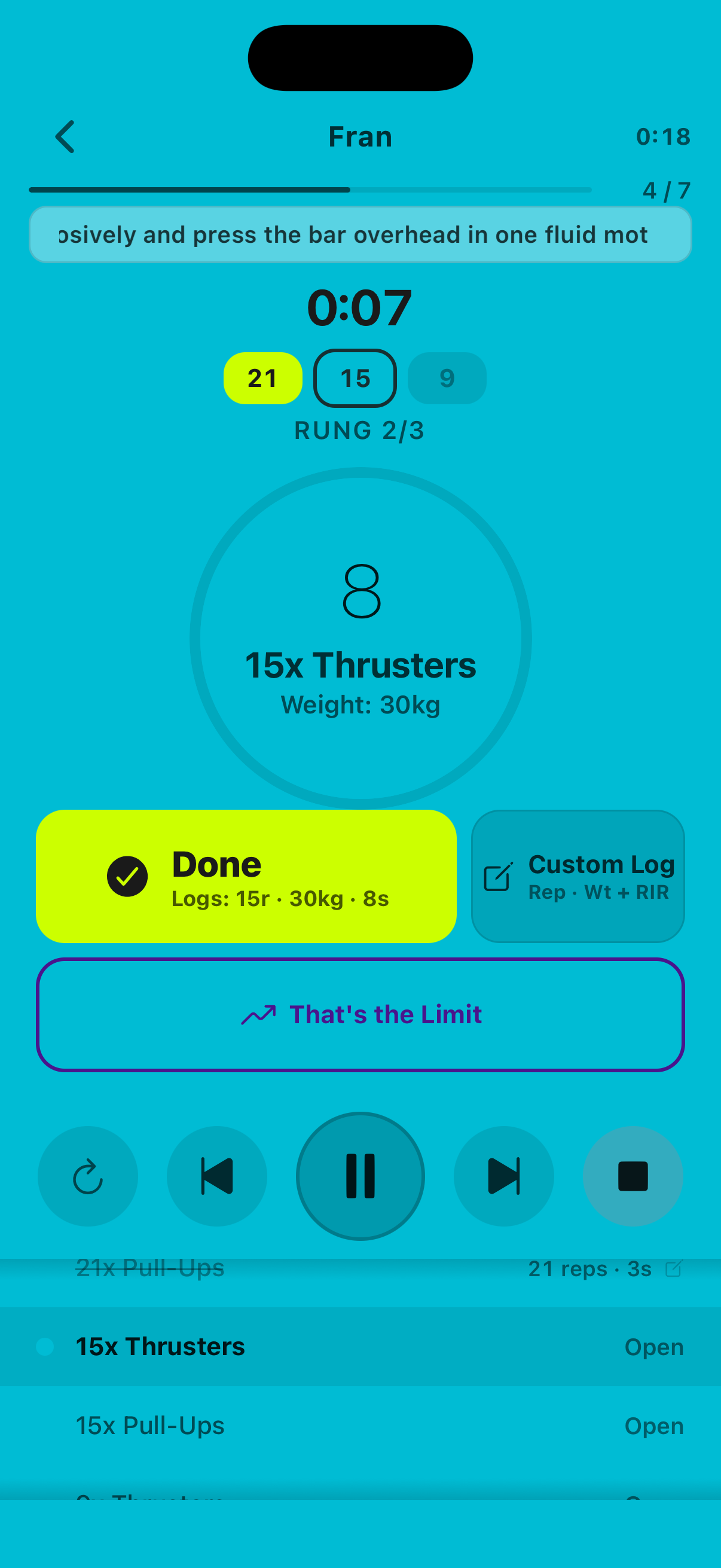 Ladder-Workout-Run-Screen mit aktiver Rung-Stufe, Progressionskontext und Hinweis zum nächsten Schritt