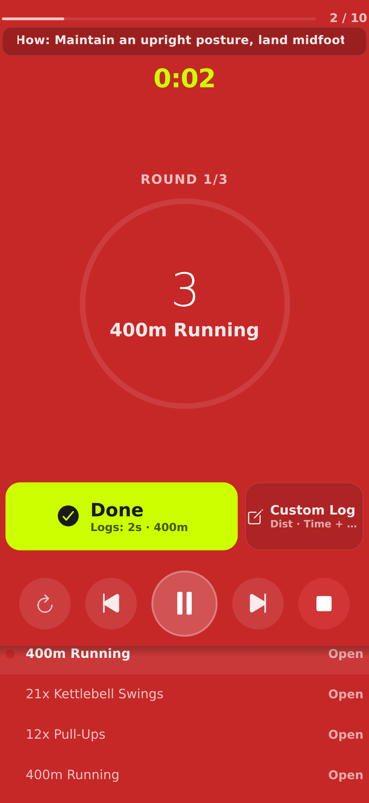 For-Time-Run-Screen mit offenem Count-up-Schritt, Rundenkontext und Done- oder Custom-Log-Aktionen