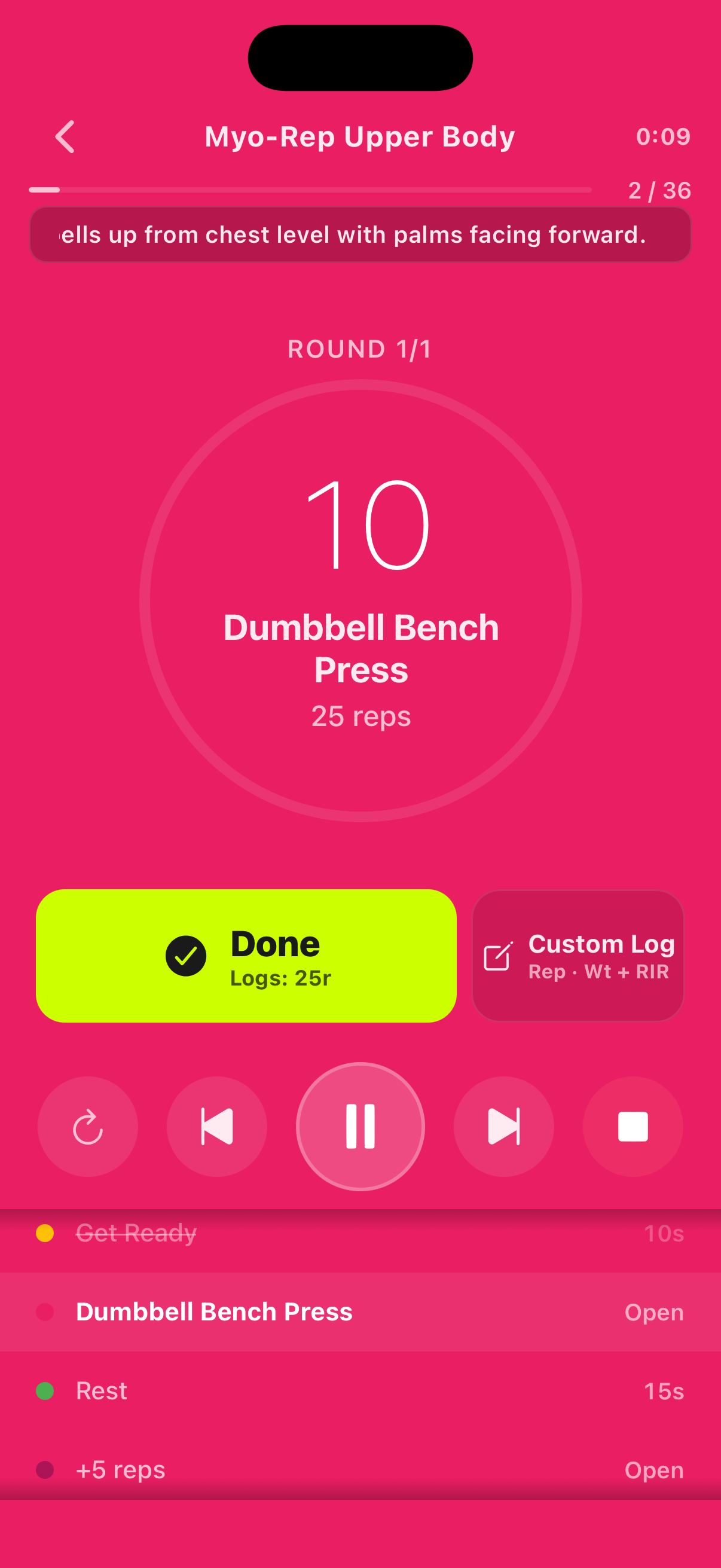 Myo-Reps-Run-Screen mit Activation- oder Mini-Set-Progression und In-Session-Logging-Controls