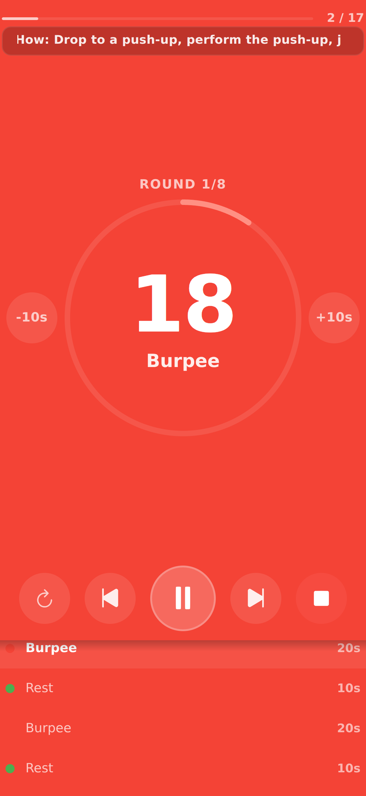 HIIT-Run-Screen mit Tabata-ähnlichen getimten Intervallen, Rundenfortschritt und klaren Work-Pause-Transitions