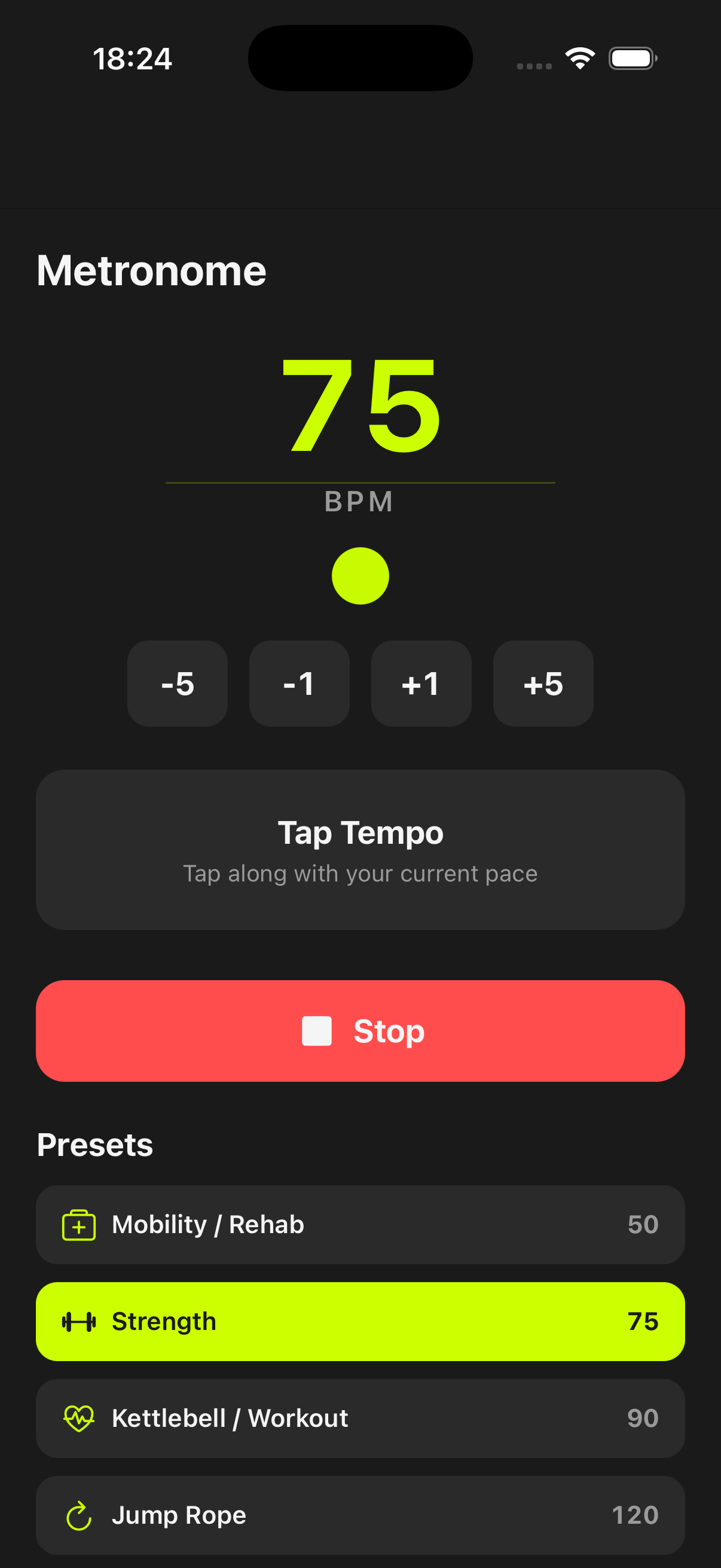 Metronom-Tool mit BPM-Steuerung und Preset-Liste für Kraft- und Konditionspace