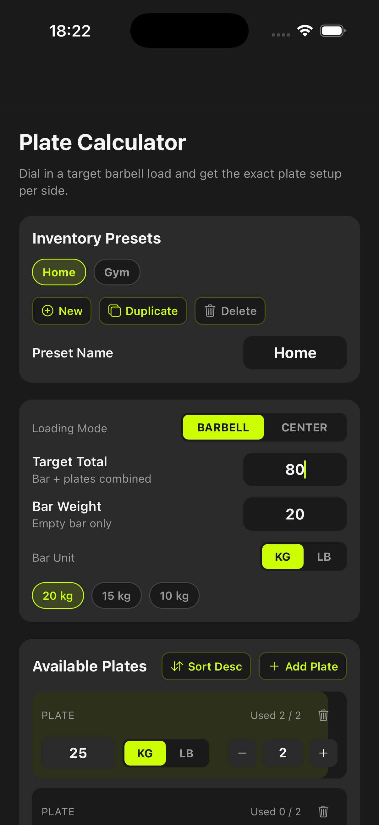 Konfigurationsansicht des Hantelscheiben-Rechners mit Inventar-Presets, Loading-Modus und Zielkonfiguration für die Barbell