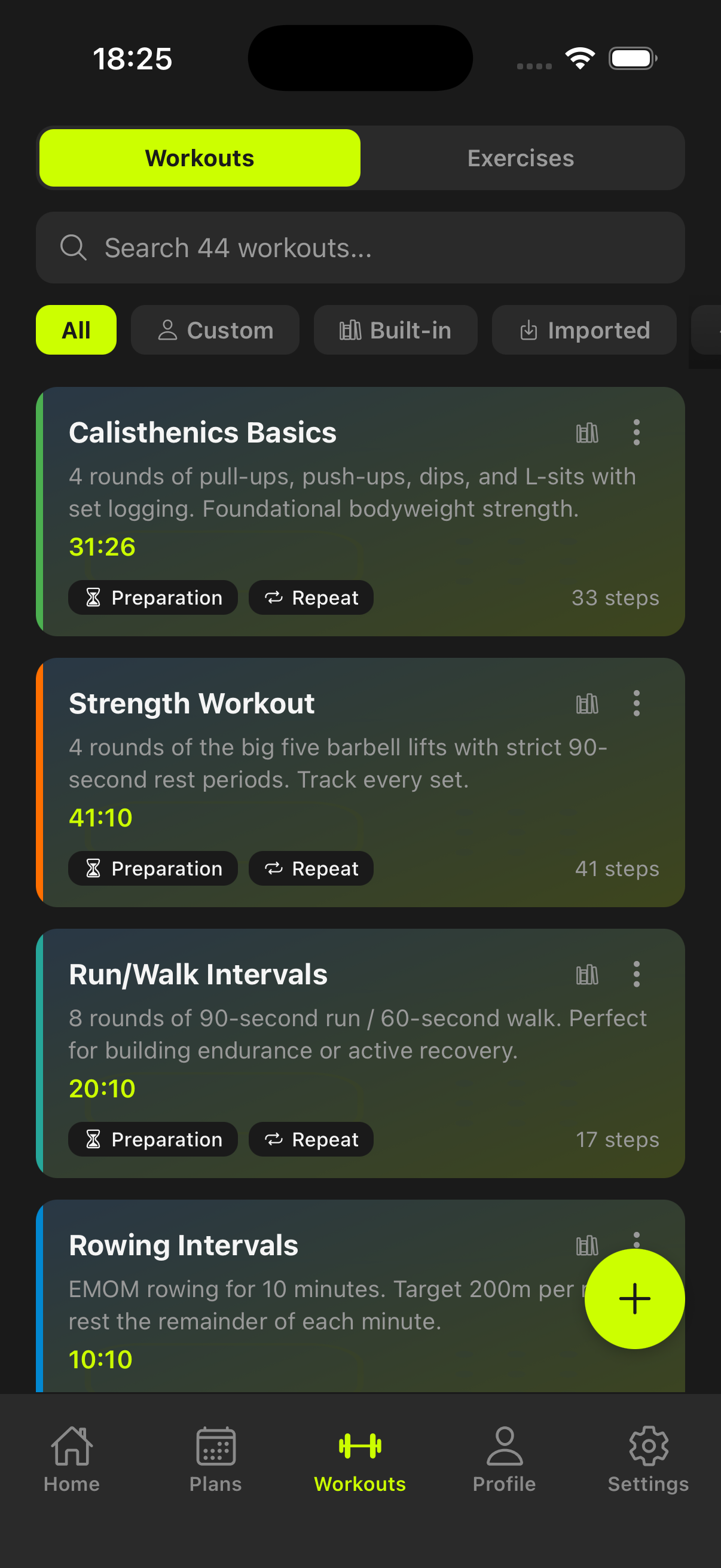 Workout-Bibliothek mit Vorlagenkarten und Quick-Filtern